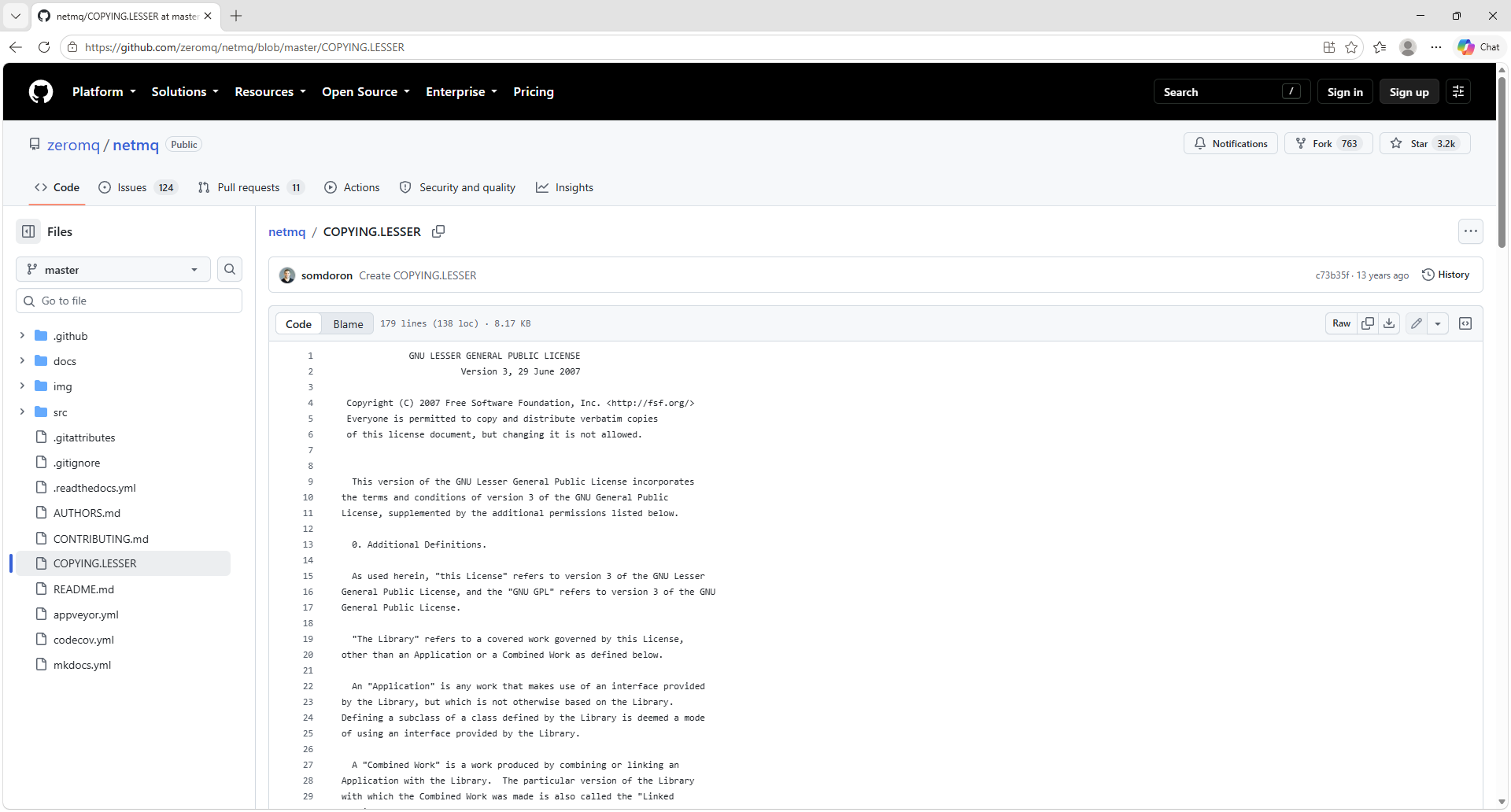 NetMQ's COPYING.LESSER license page, opened in the browser by Show License
