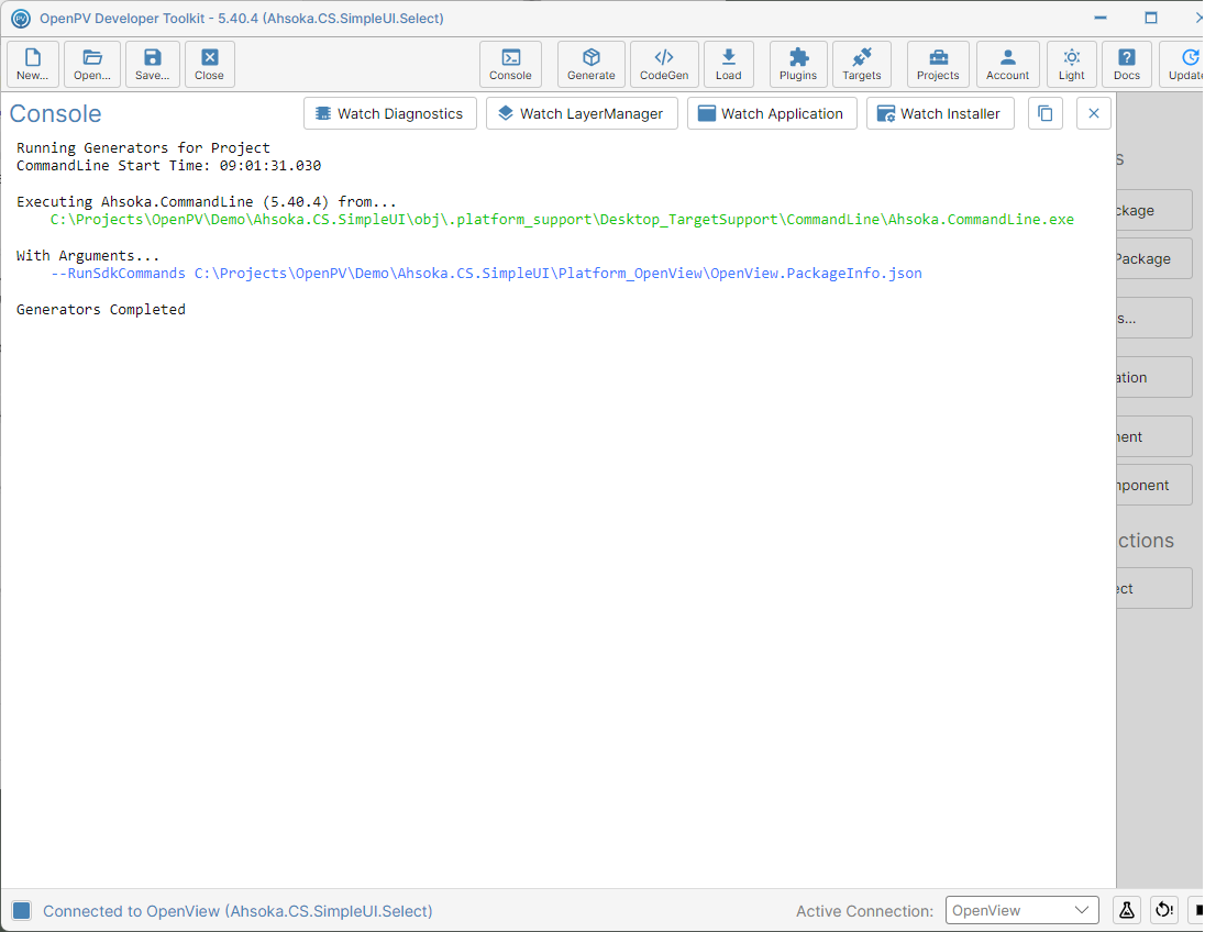 Code generation finished, in the Console