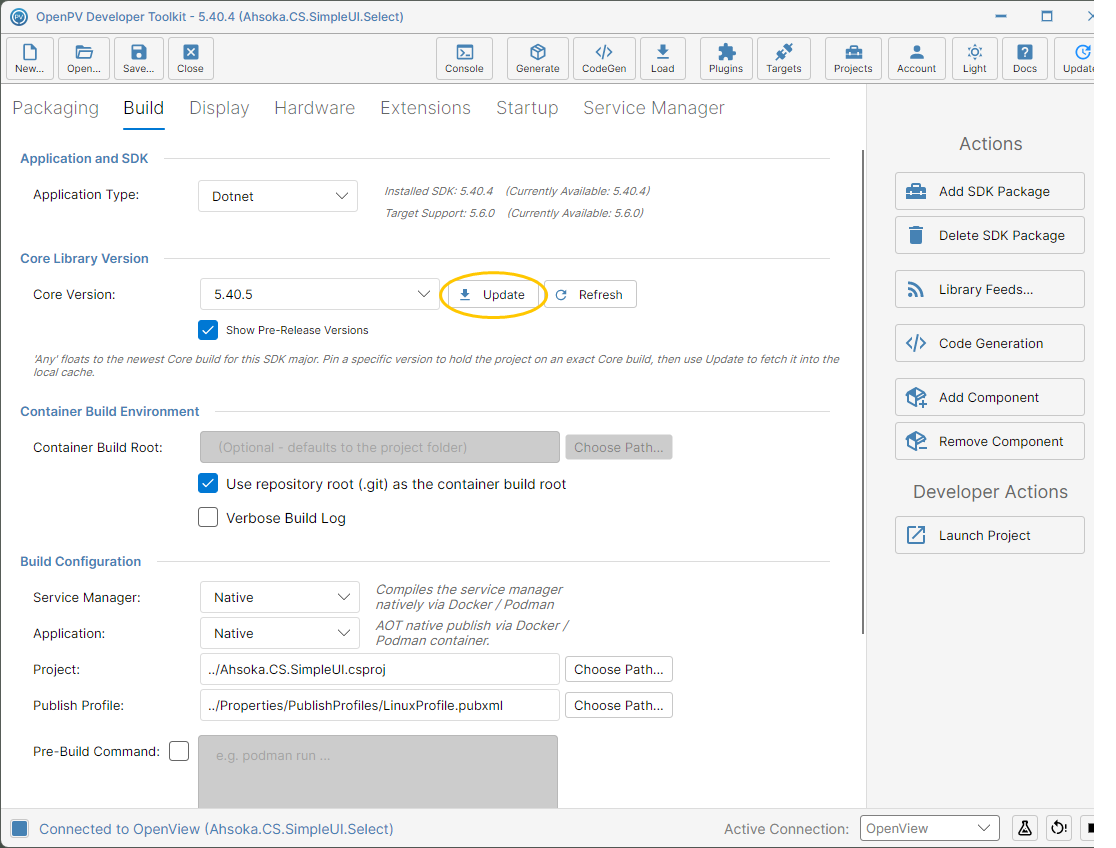 Core 5.40.5 selected, and the Update button