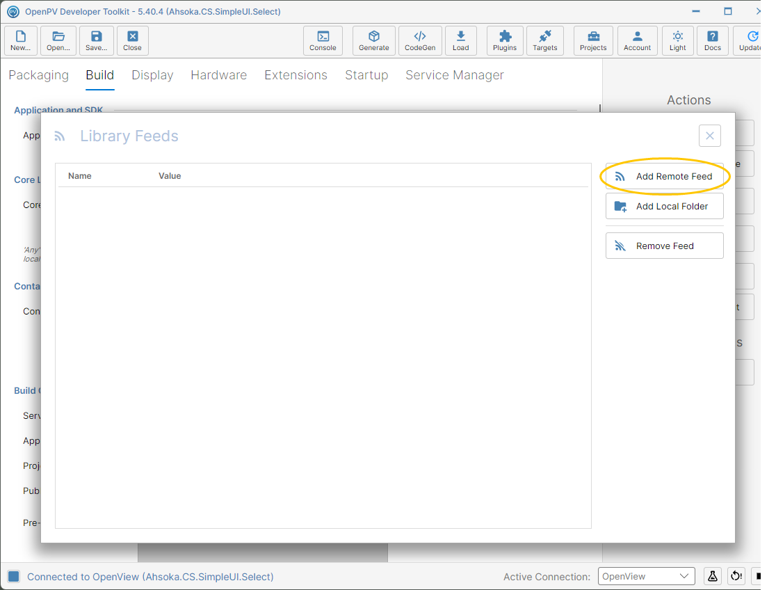 The Library Feeds dialog, with no feeds yet