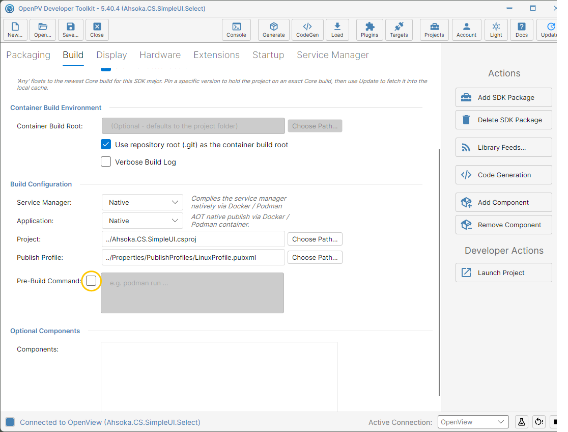 The Pre-Build Command checkbox