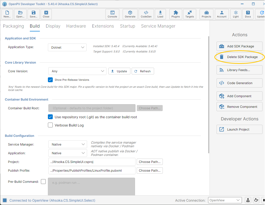 The Delete SDK Package button