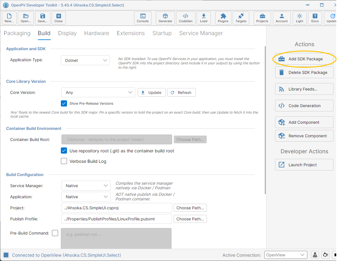 The Add SDK Package button