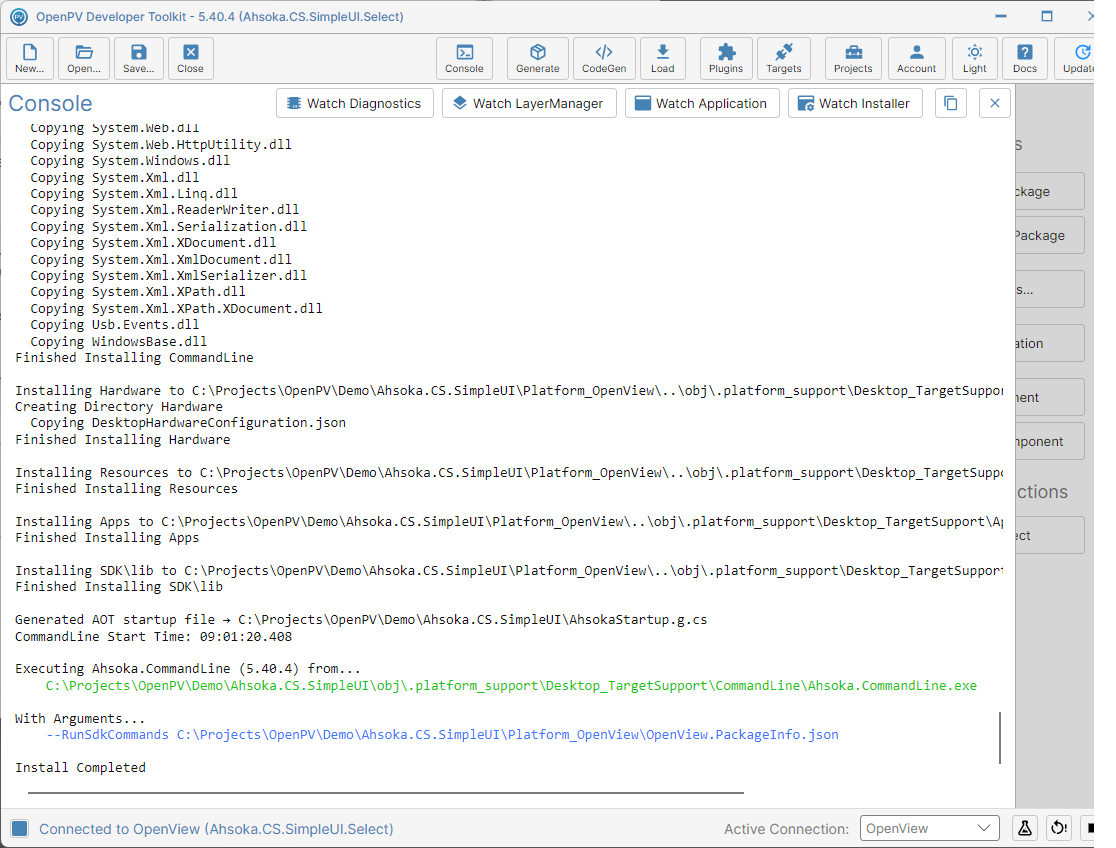 The SDK install, in the Console