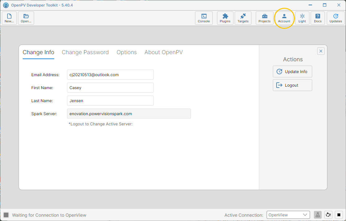The Account panel, on Change Info