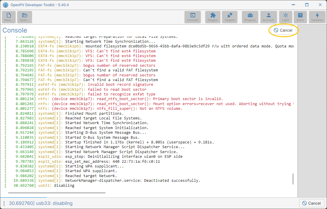 Watch Diagnostics streaming, with the Cancel button