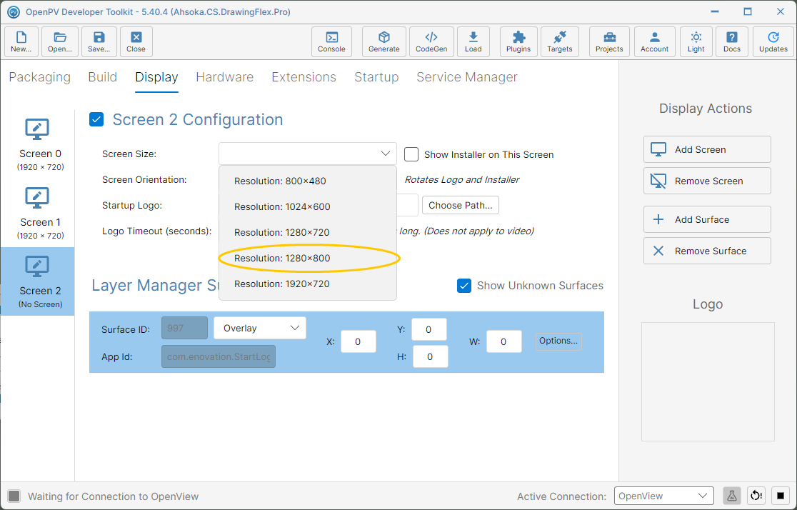 Choosing 1280×800 from the Screen Size list