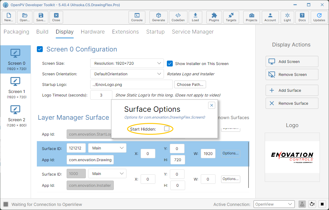 Surface Options, with Start Hidden