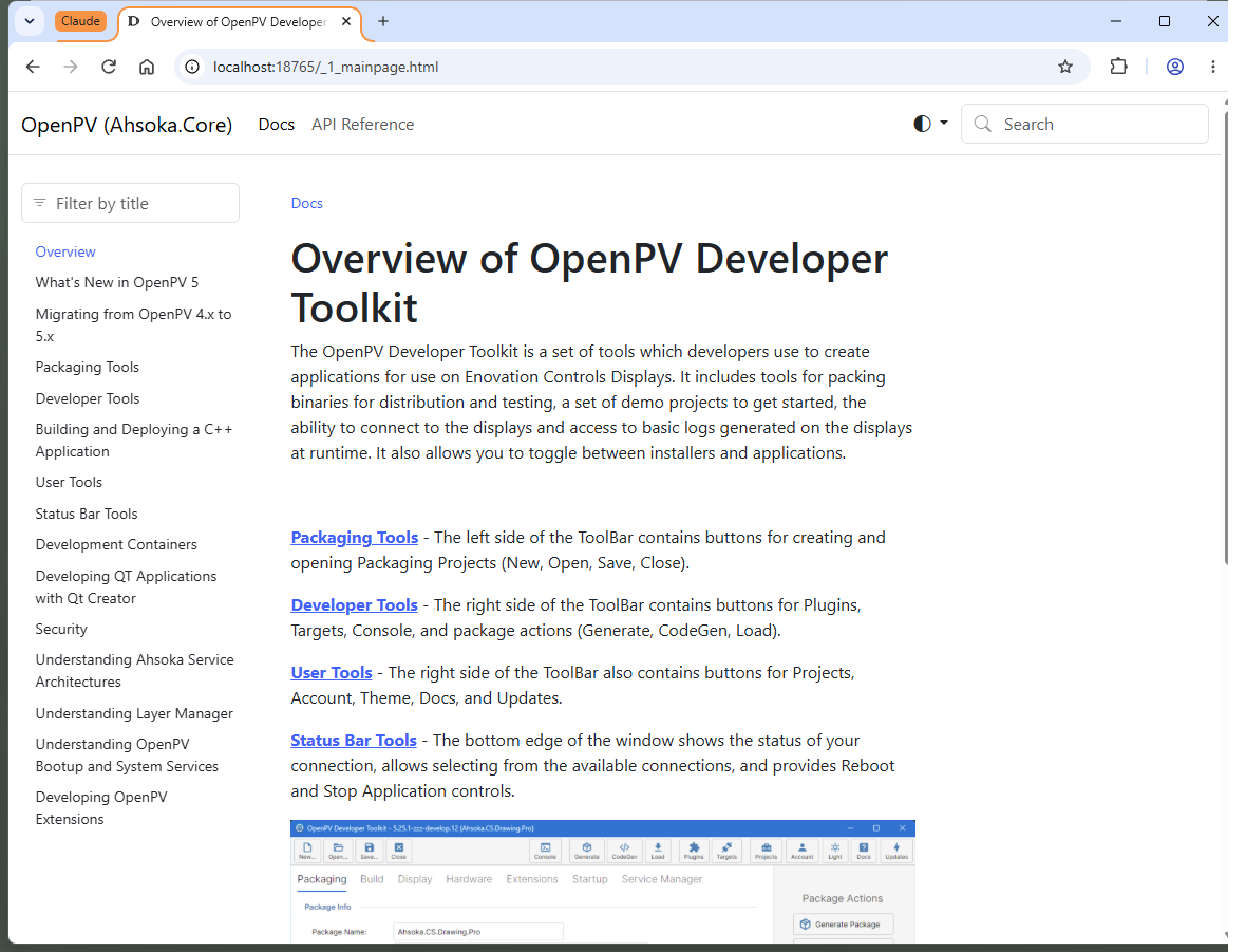 The OpenPV API help site, opened in a separate browser window