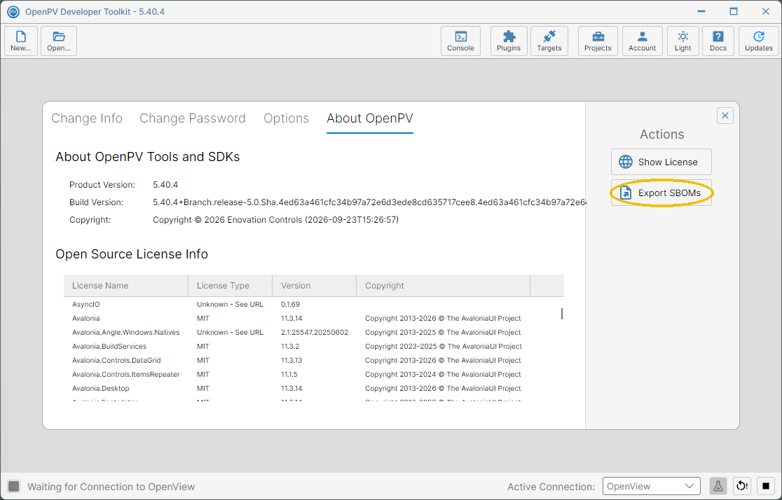 The Export SBOMs button under Actions