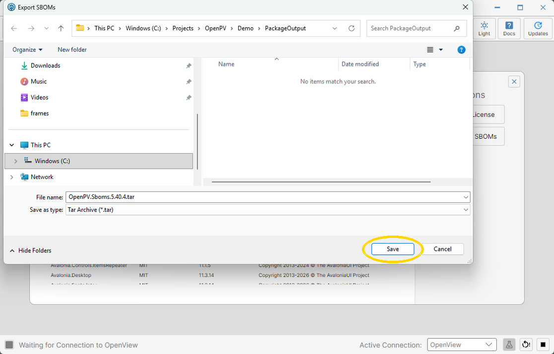 The Save dialog for the SBOM archive