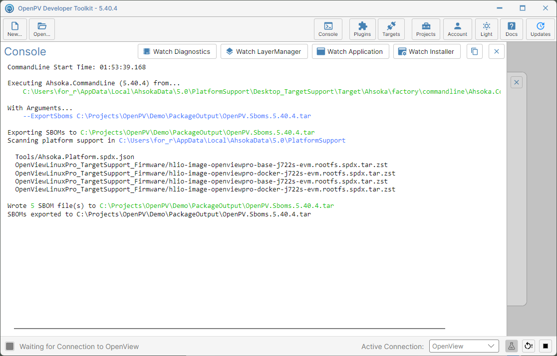 Console showing the SBOM files written and the export completing