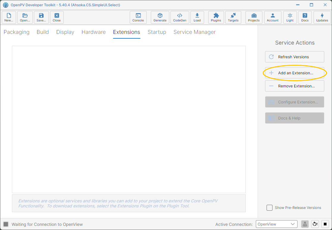 The Extensions panel, with no extensions added yet