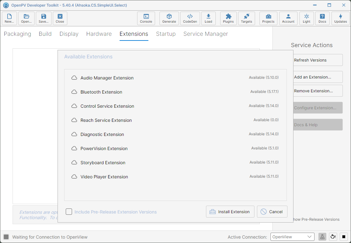 The Available Extensions dialog