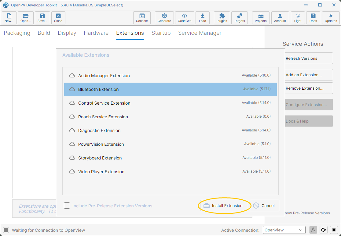 Bluetooth Extension selected
