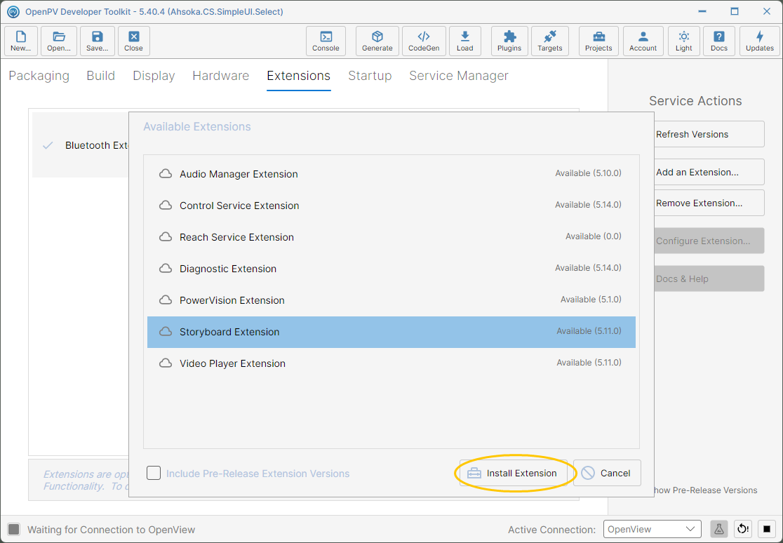 Storyboard Extension selected