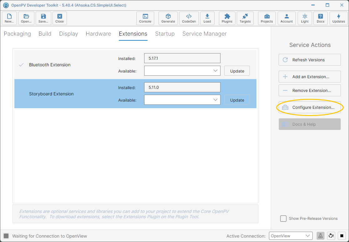 Storyboard Extension selected