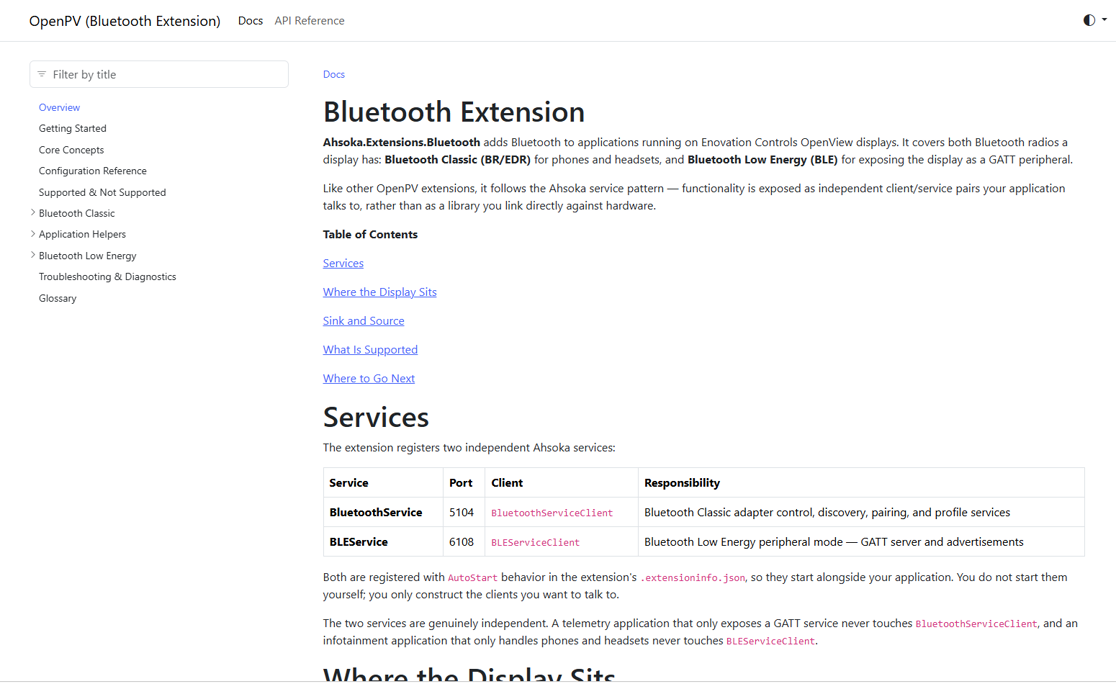 Bluetooth Extension's own documentation, opened in the browser