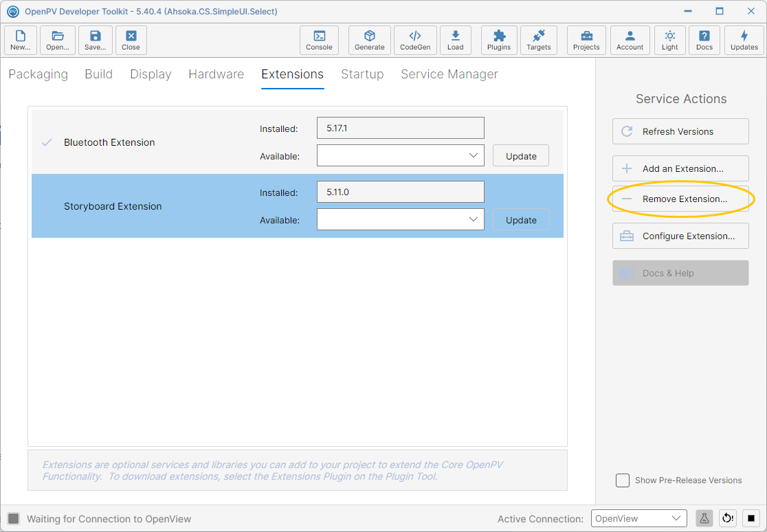 Storyboard Extension selected, ready to remove