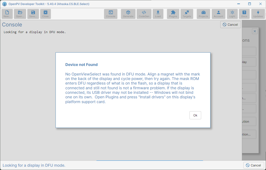 The Device Not Found dialog, with troubleshooting steps