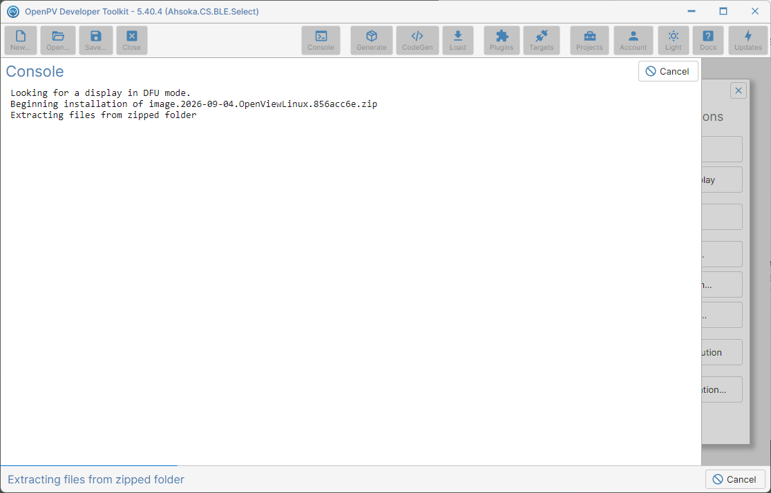 Console finding the display in DFU mode and extracting the firmware image