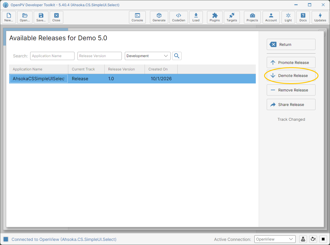 The release selected, and the Demote Release button