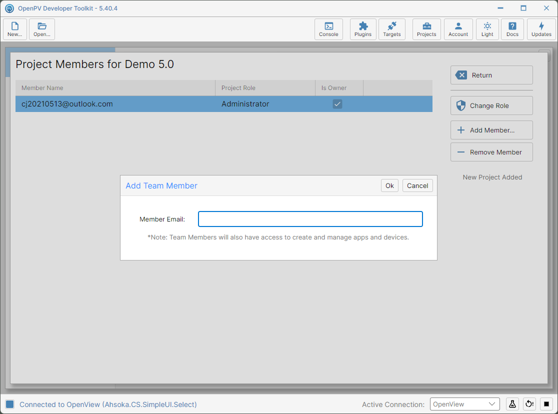 The Add Team Member dialog