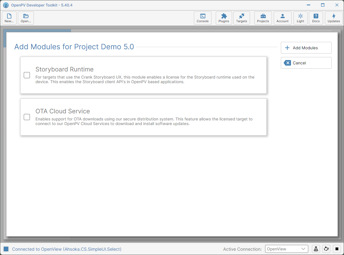 The Add Modules dialog