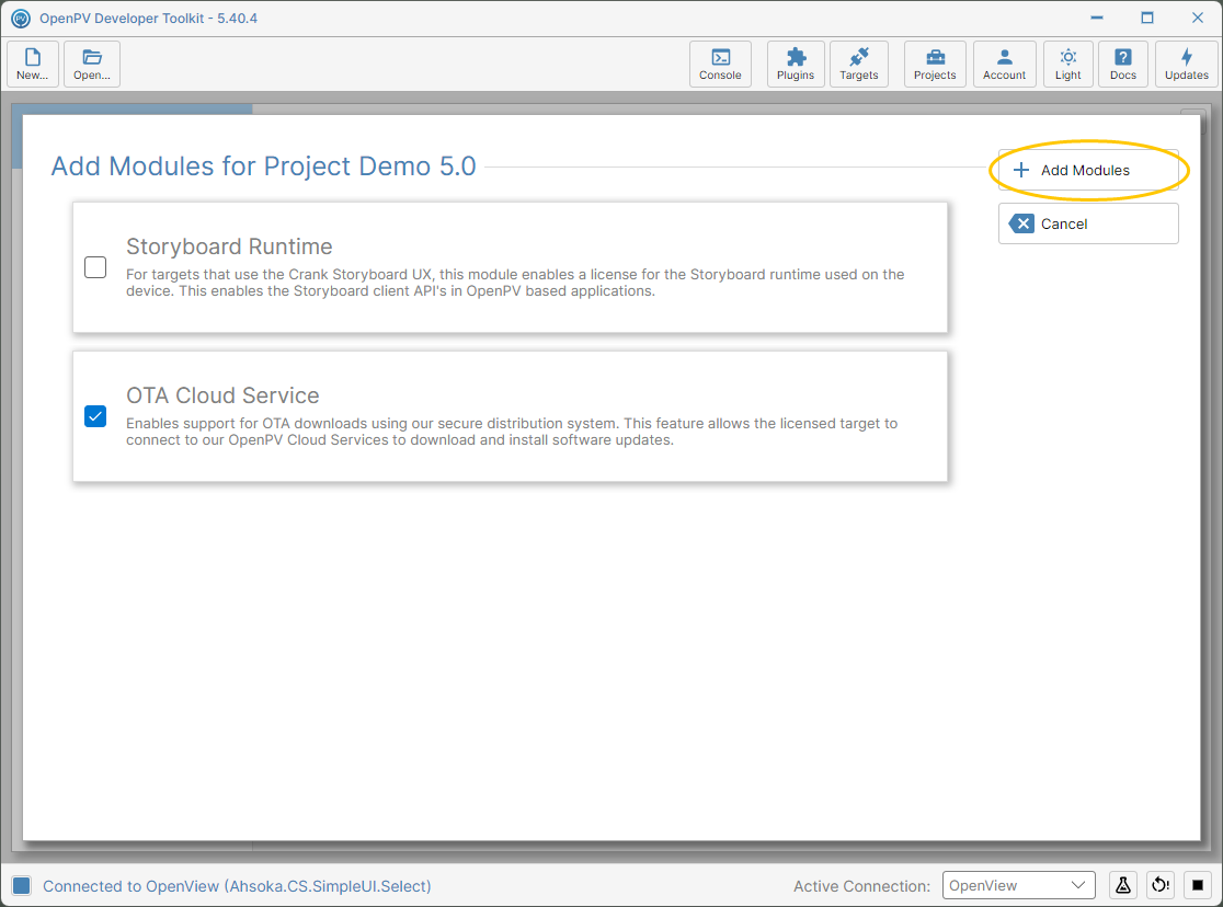 OTA Cloud Service ticked, and the Add Modules button