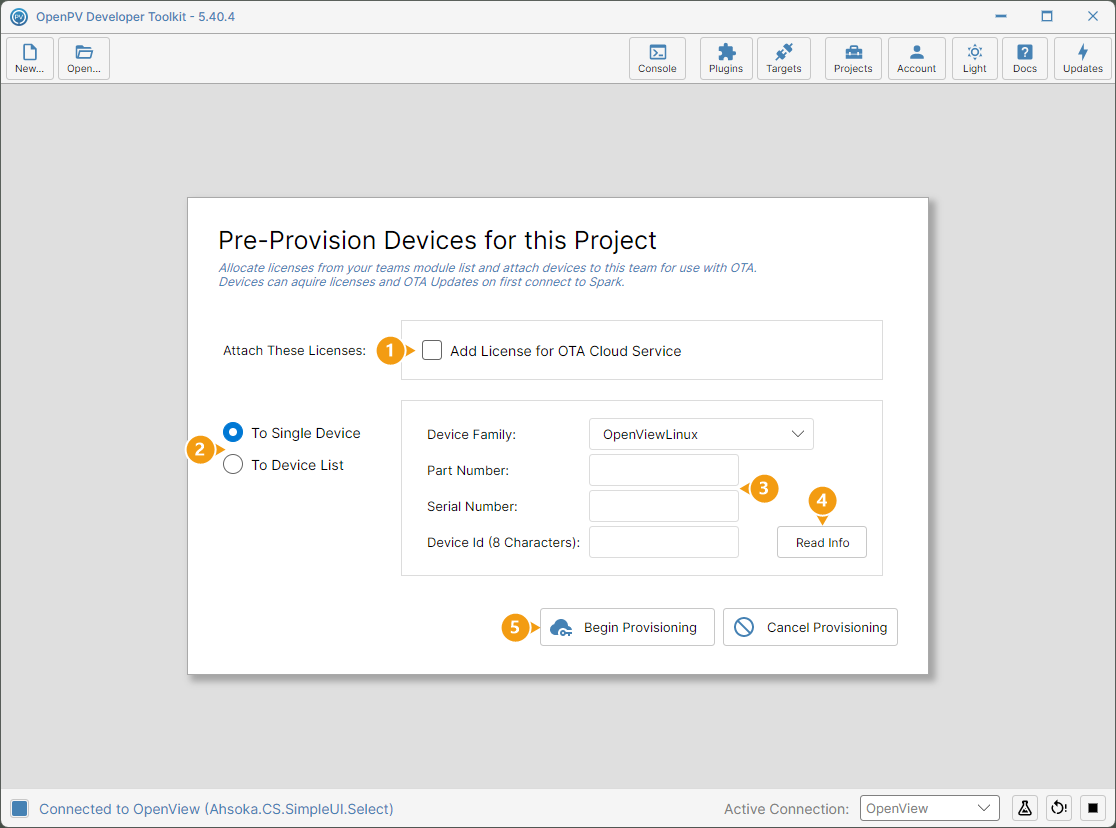 The Pre-Provision Devices dialog, numbered