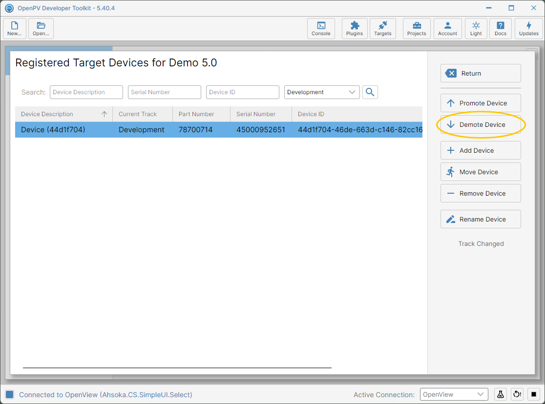 The device on the Development track, and the Demote Device button