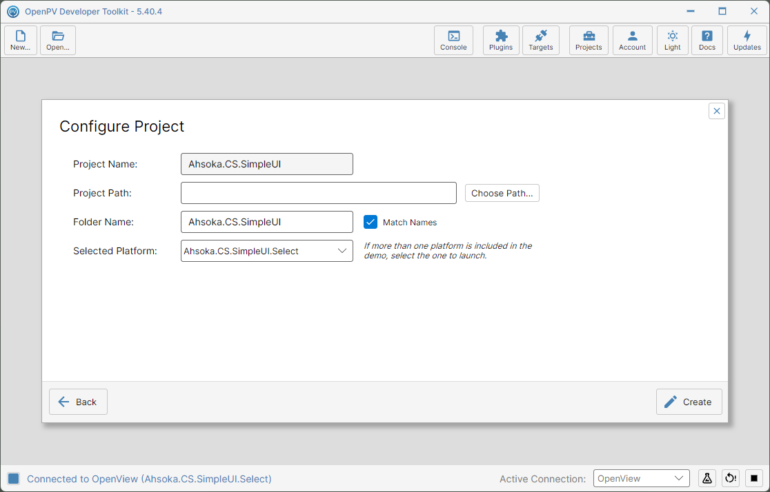 The project setup screen