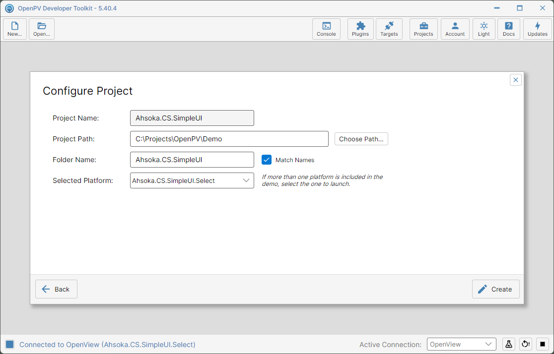 The setup screen, with the project path filled in