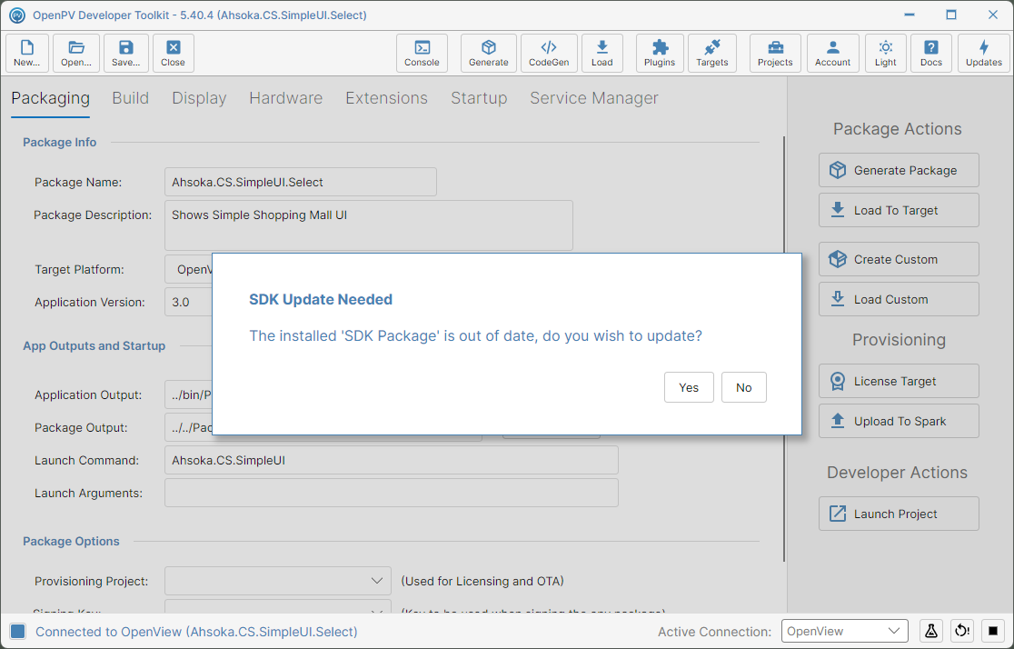 Confirming an SDK update (only appears if one's needed)