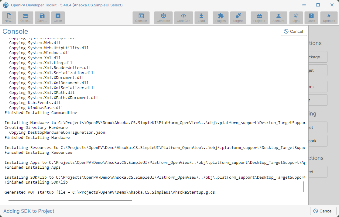 The SDK update running: installing hardware and SDK support (only appears if one's needed)