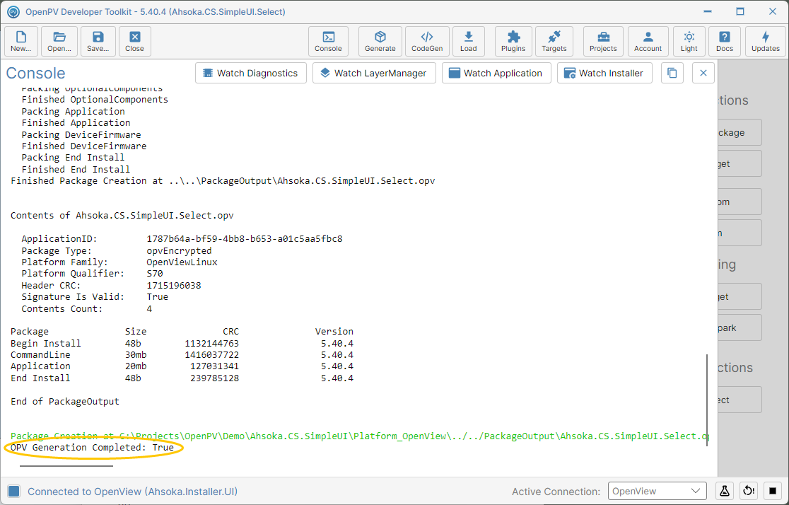 The package generated with the debugger attached