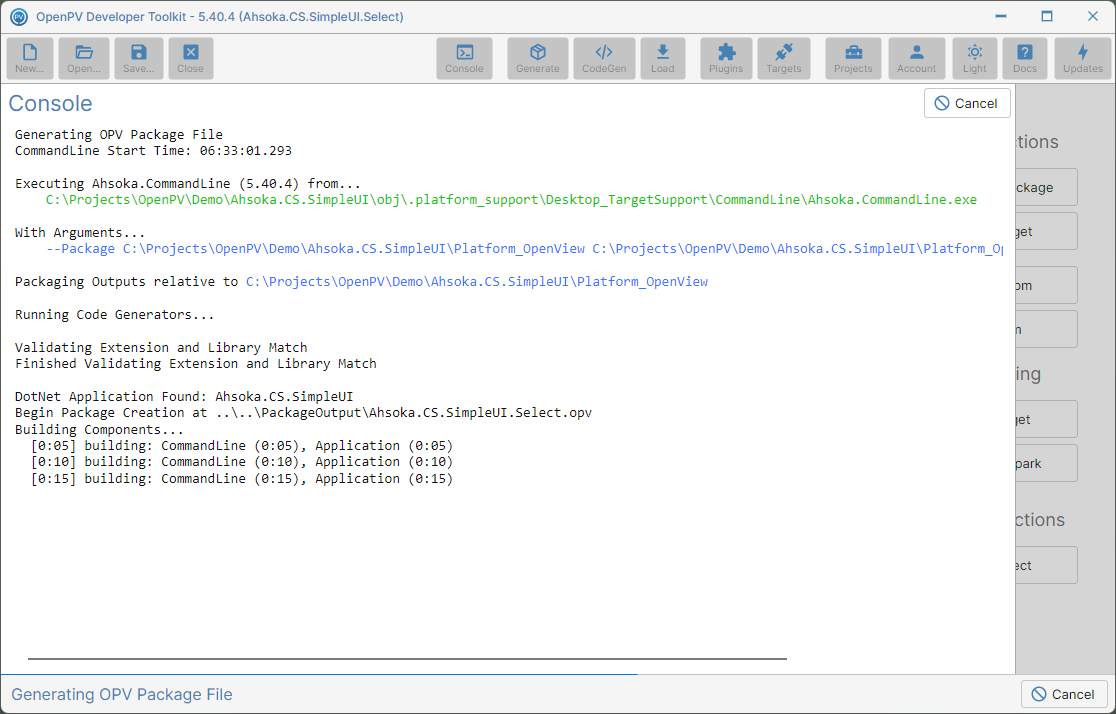 The Console panel showing package generation in progress