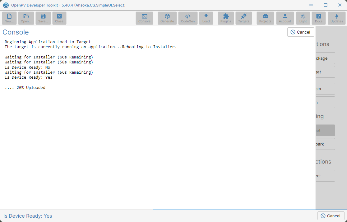 The Console panel partway through Load To Target, after the device rebooted to the Installer