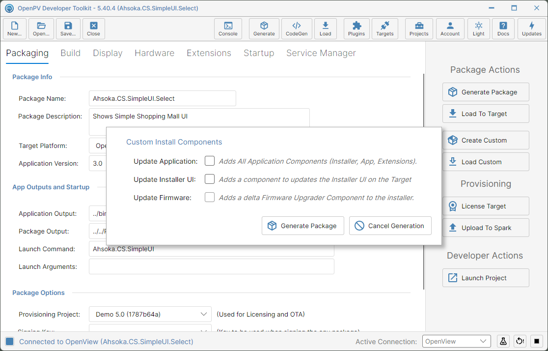 The Custom Install Components dialog