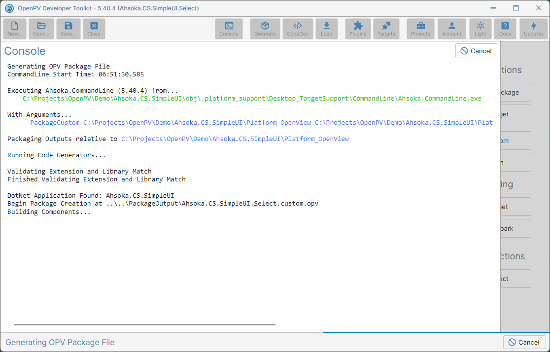The Console panel showing the custom package generating