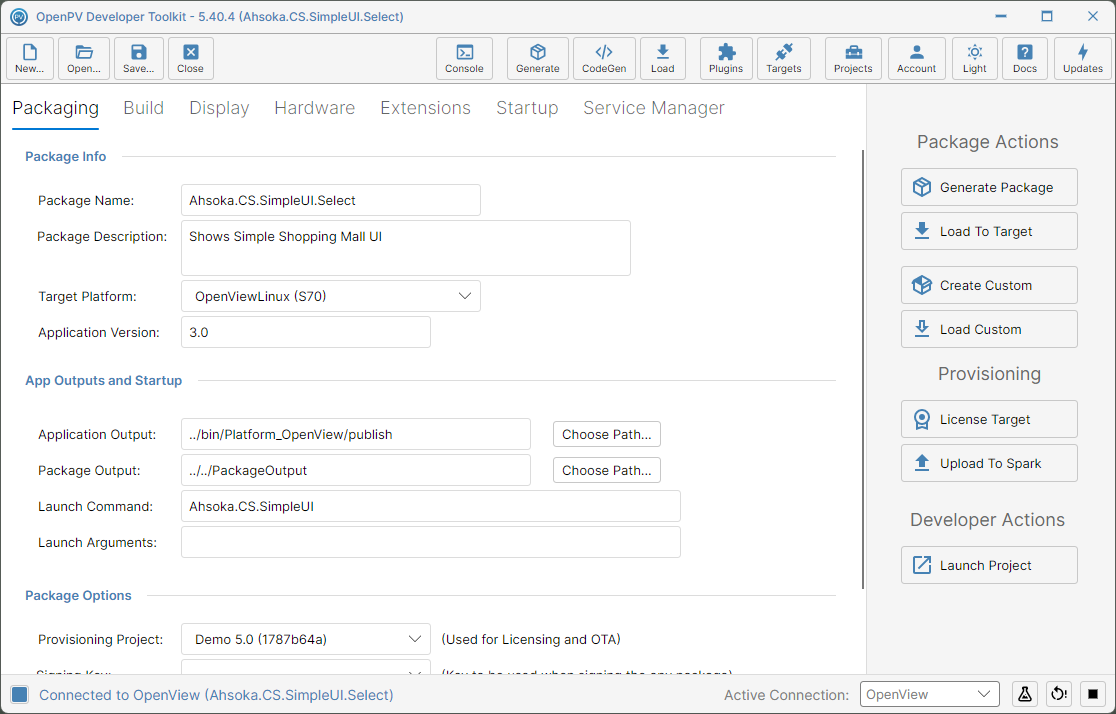 Back on the Packaging panel after the custom package is generated
