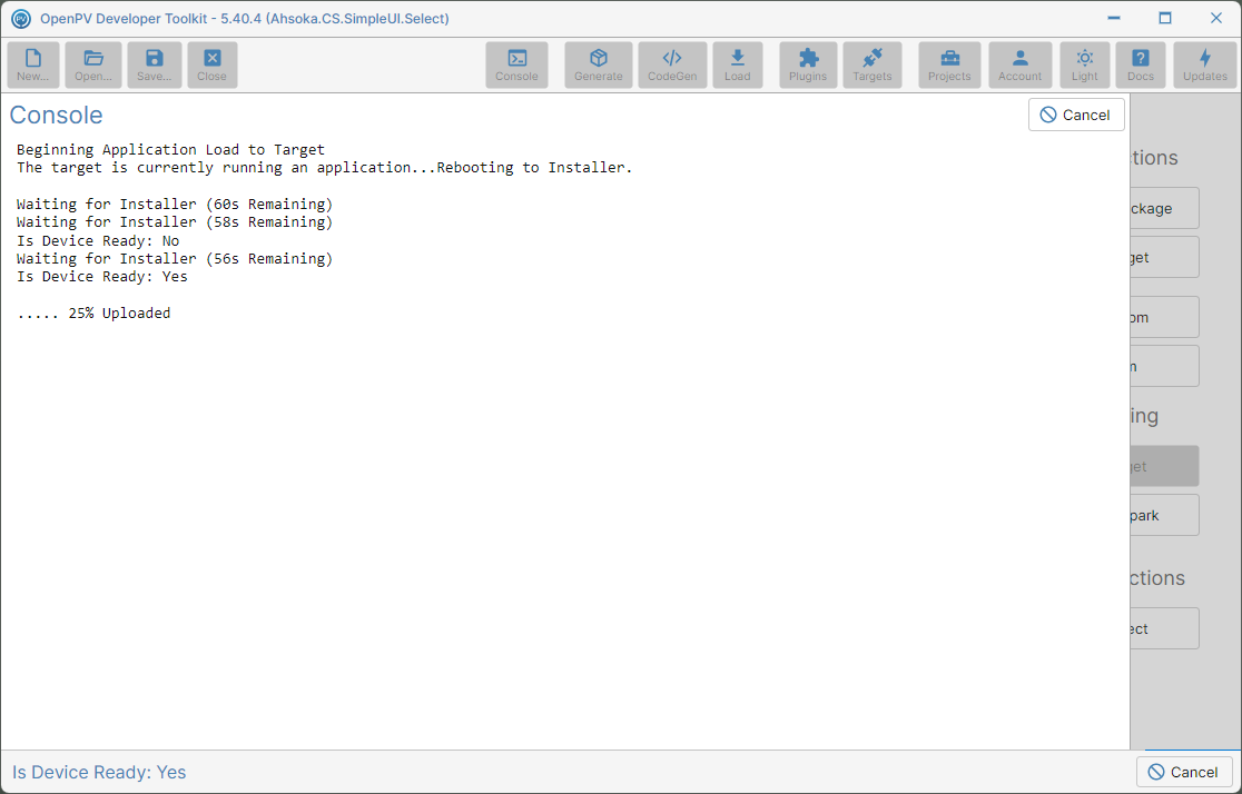 Console showing Load Custom in progress — it starts as soon as you click it