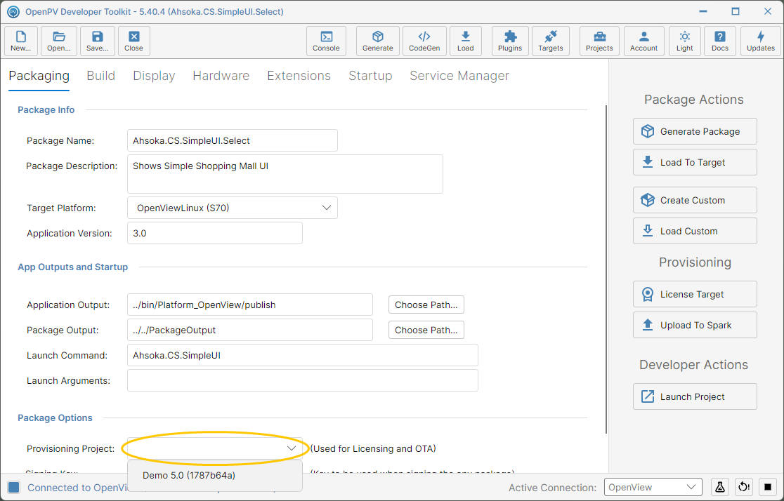 The Provisioning Project dropdown open