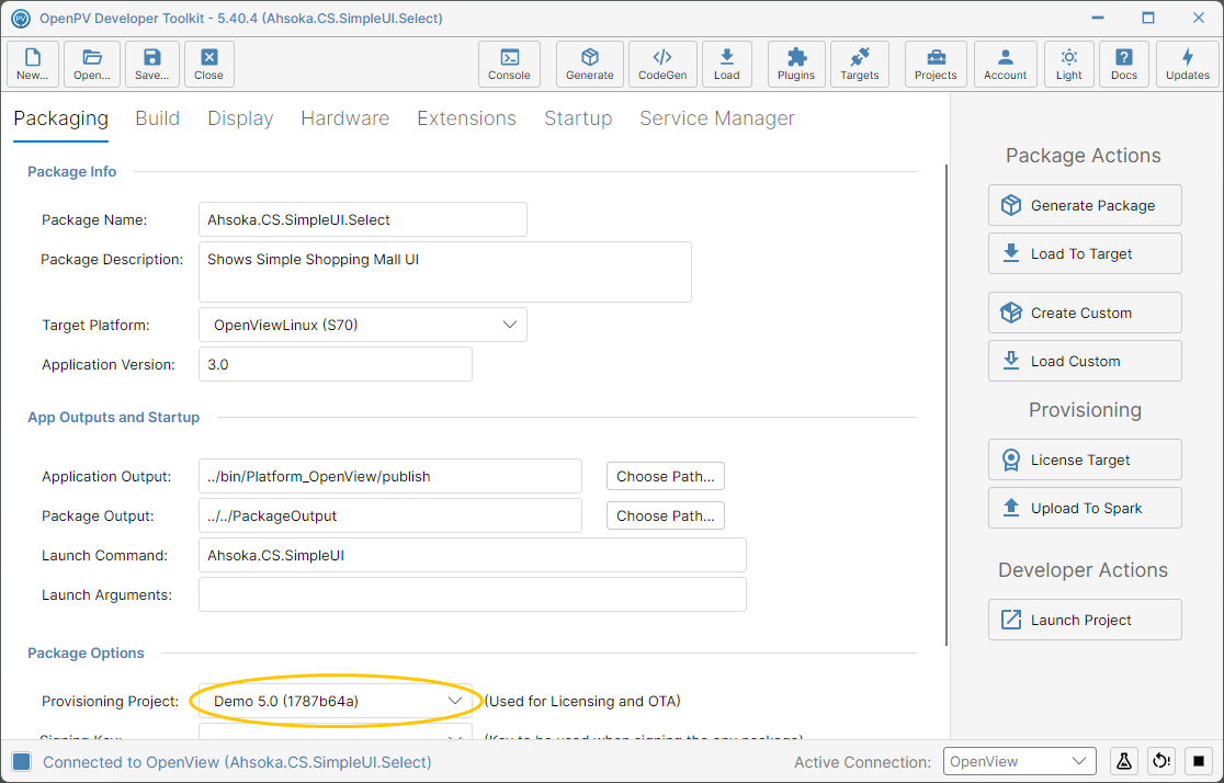 Demo 5.0 selected as the Provisioning Project