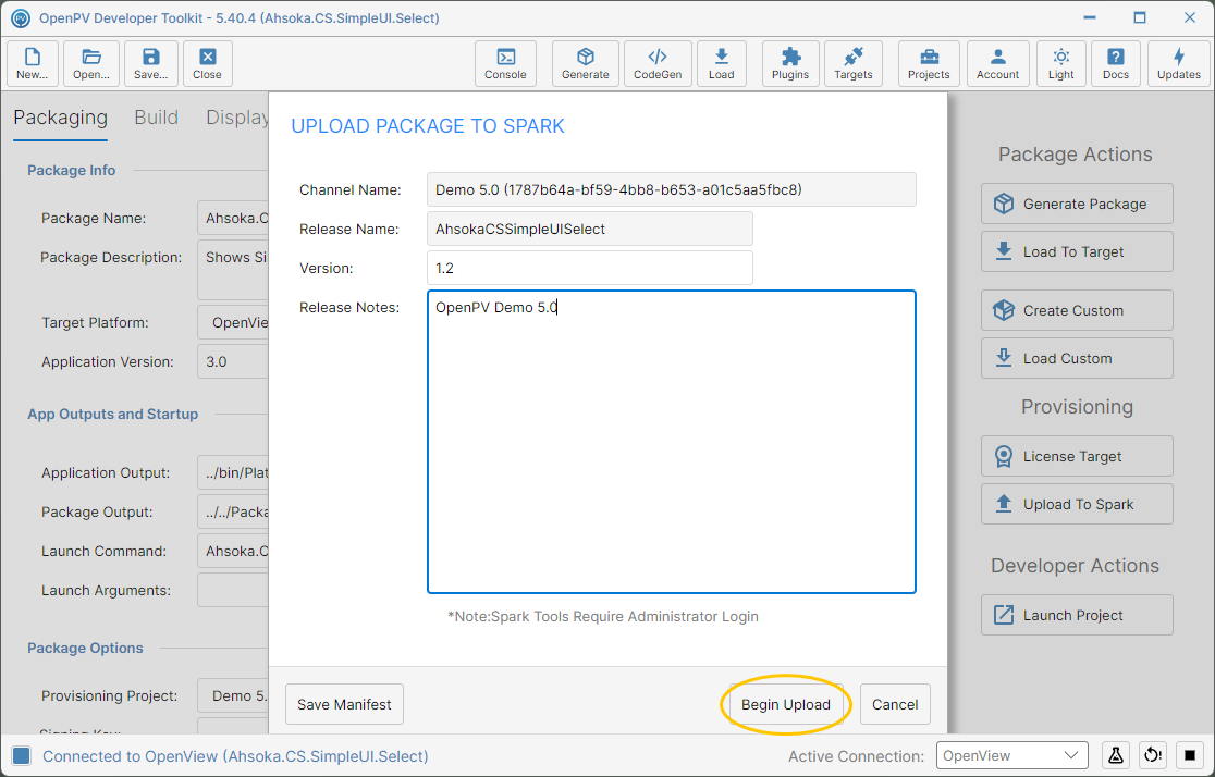 The Upload Package To Spark dialog