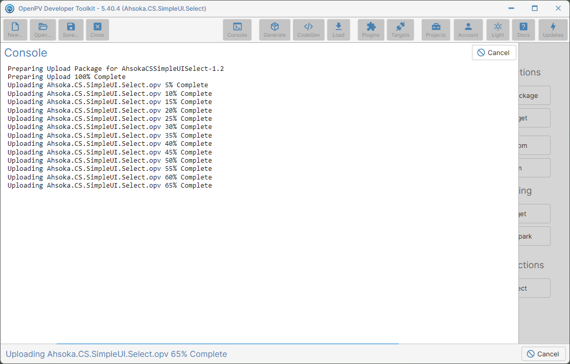 The Console panel showing the upload in progress