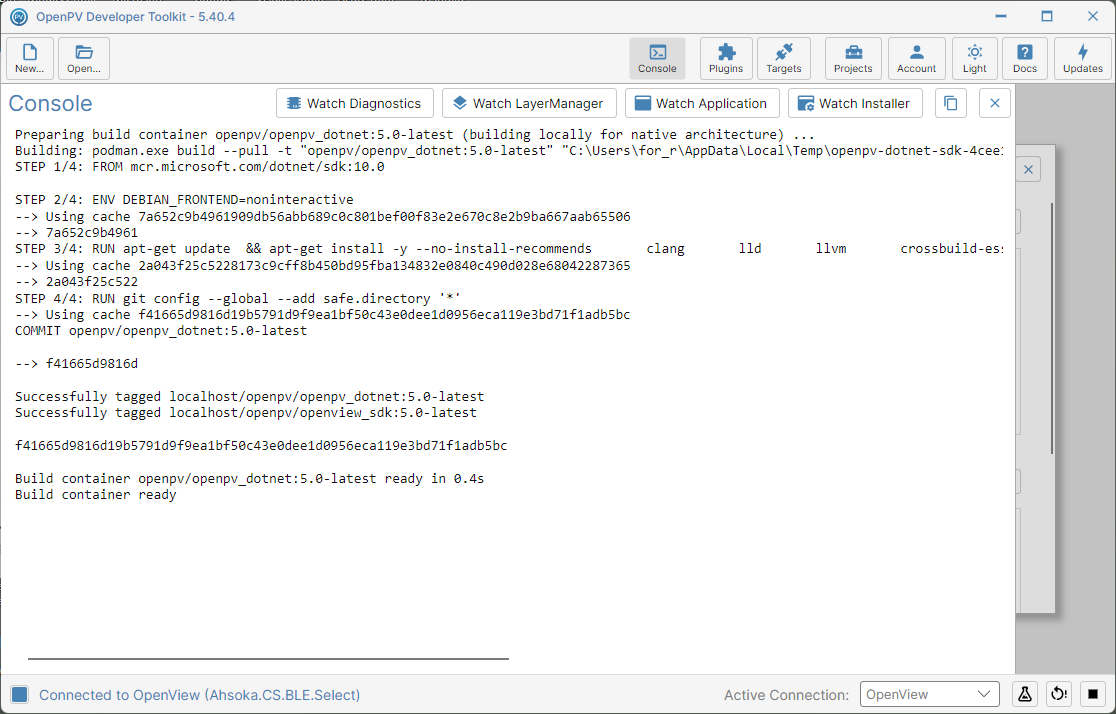 Console showing Podman successfully building the Core Build Container image