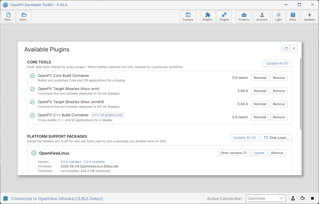 Back on the panel — all three Core Tools updated, Update All (0)