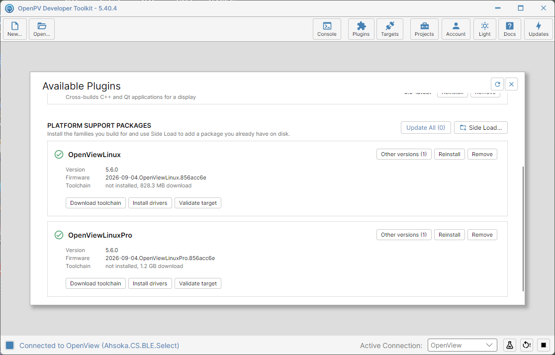 Back on the panel — both platform packages updated, Update All (0)