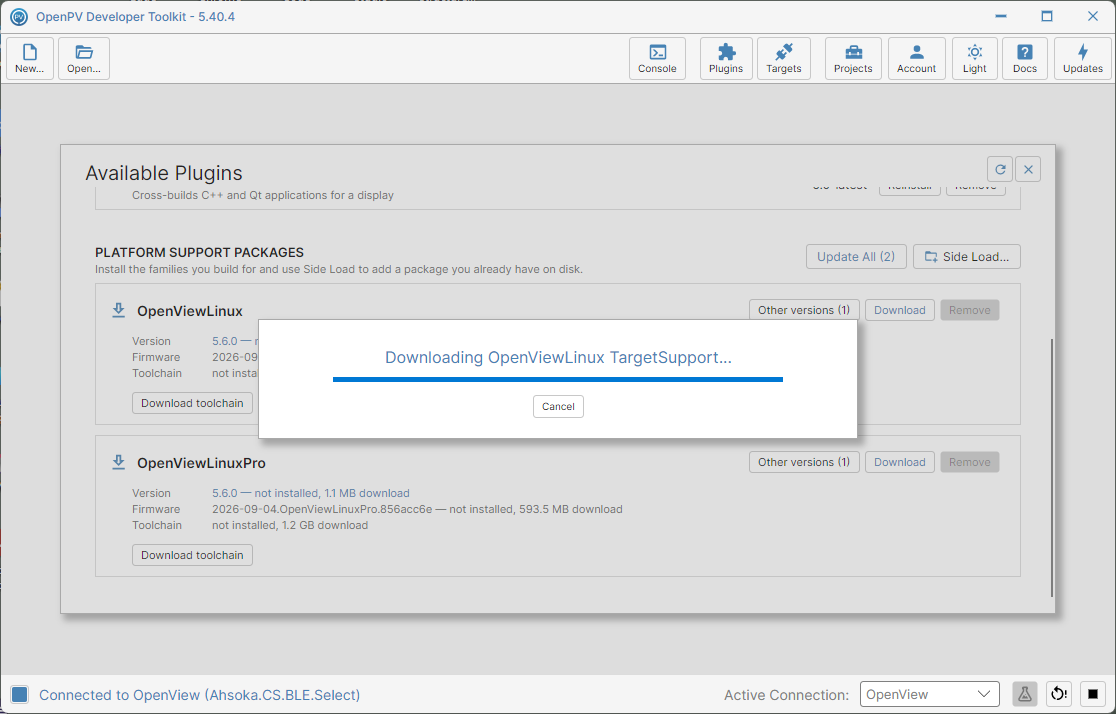 The download progress dialog for a platform package
